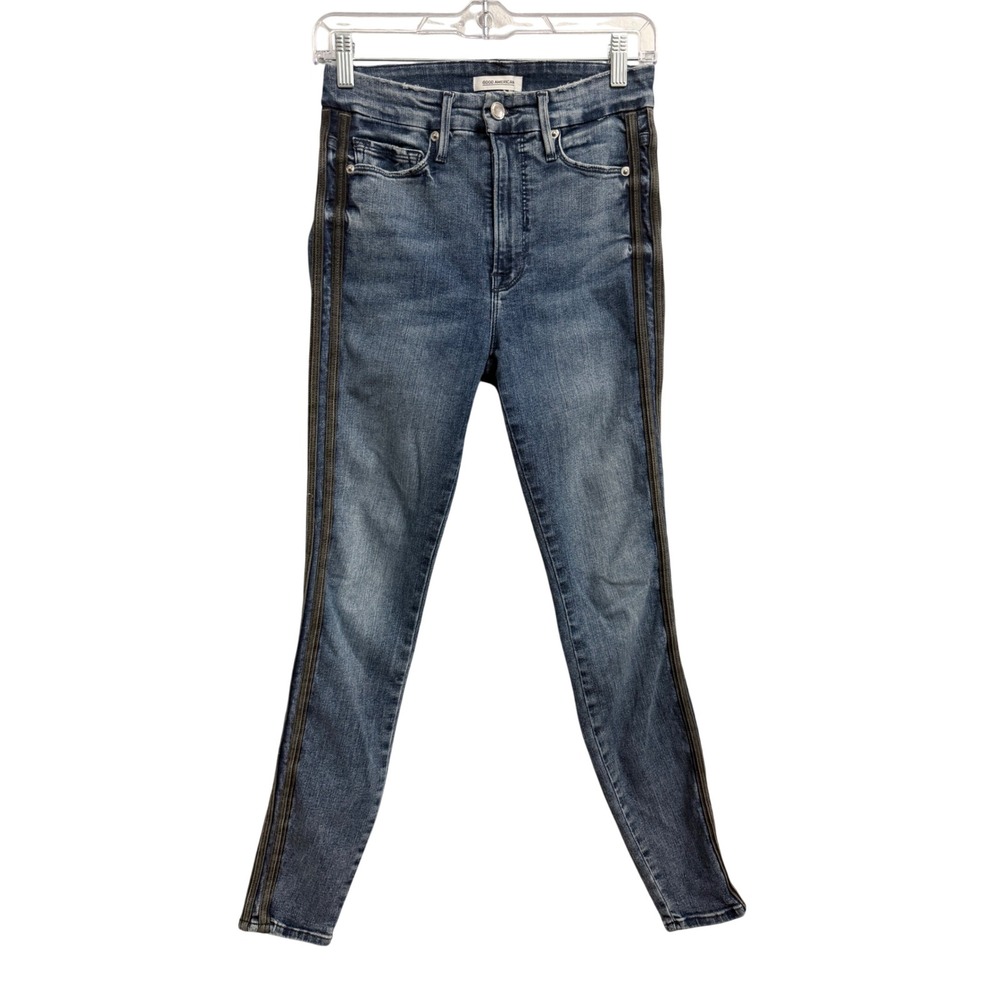 Good American Good Waist Skinny Jeans Side Stripe Blue Denim 4/27 GWAS899T